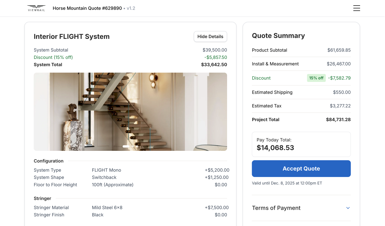 Viewrail digital quote interface showing Interior FLIGHT System details, configuration options, and Quote Summary with pricing breakdown